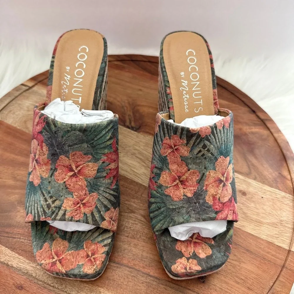 Coconuts by Matisse Audrey Hawaiian Womens 8M Cork Floral Espadrille Wedge Mules